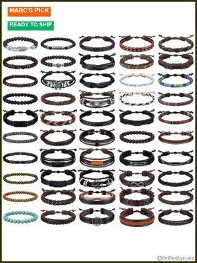 Braided Leather Bracelet Set Adjustable Cuff Wooden Bead 50 Pcs Unisex